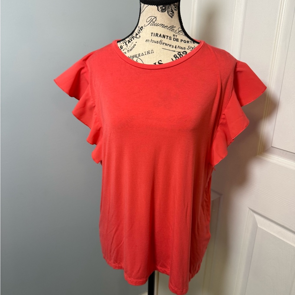 DKNY Women's Ruffle Sleeve Top - Coral size large